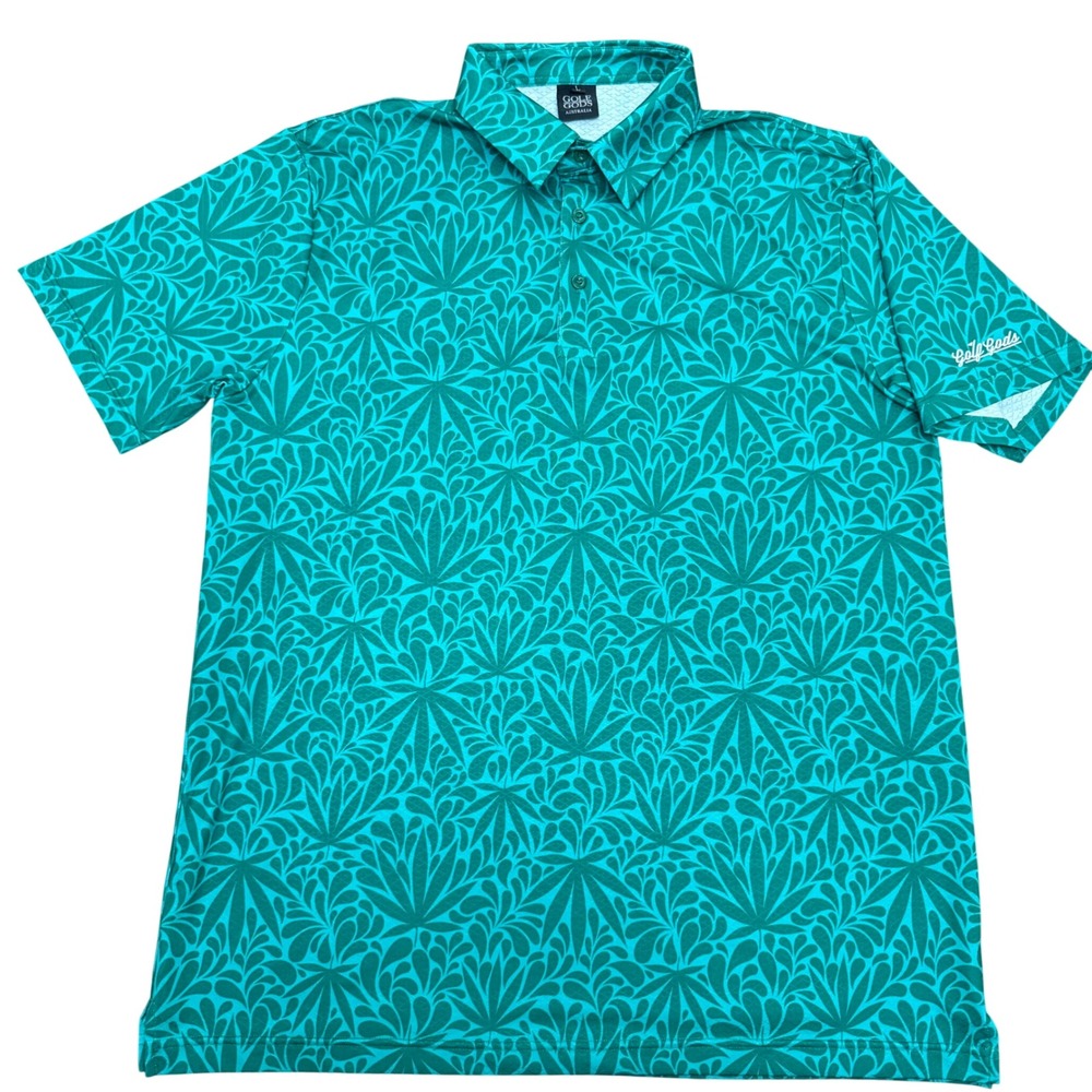 Golf Gods Polo Shirt Mens Large Teal Green Botanical Leaf Print Performance Golf